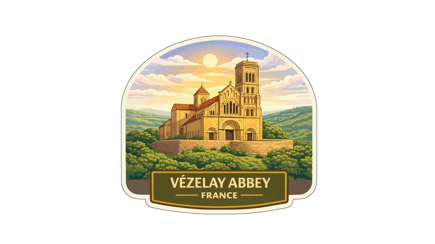 a large, ornate church with a tower, set against a picturesque landscape with rolling hills and a bright sun in the sky.