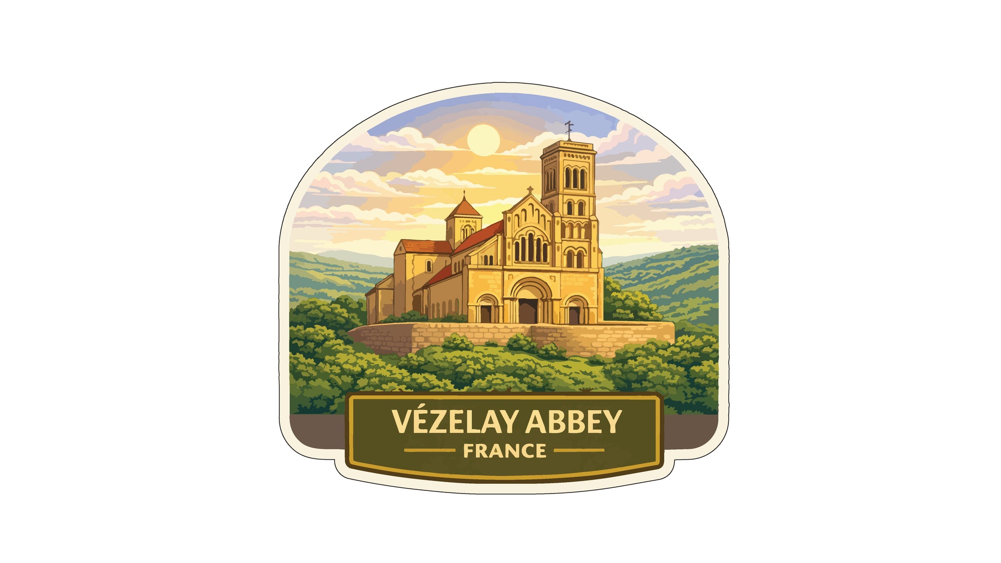 a large, ornate church with a tower, set against a picturesque landscape with rolling hills and a bright sun in the sky.