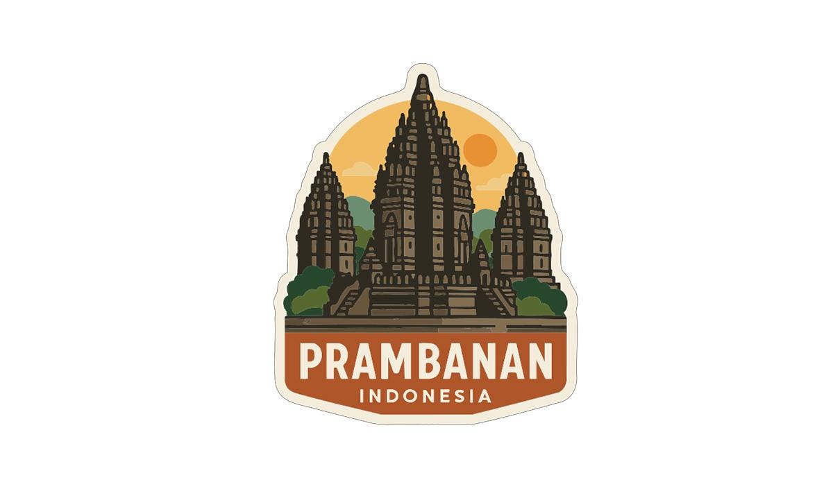 a sticker or emblem depicting the Prambanan temple in Indonesia, with the text "Prambanan Indonesia" prominently displayed.