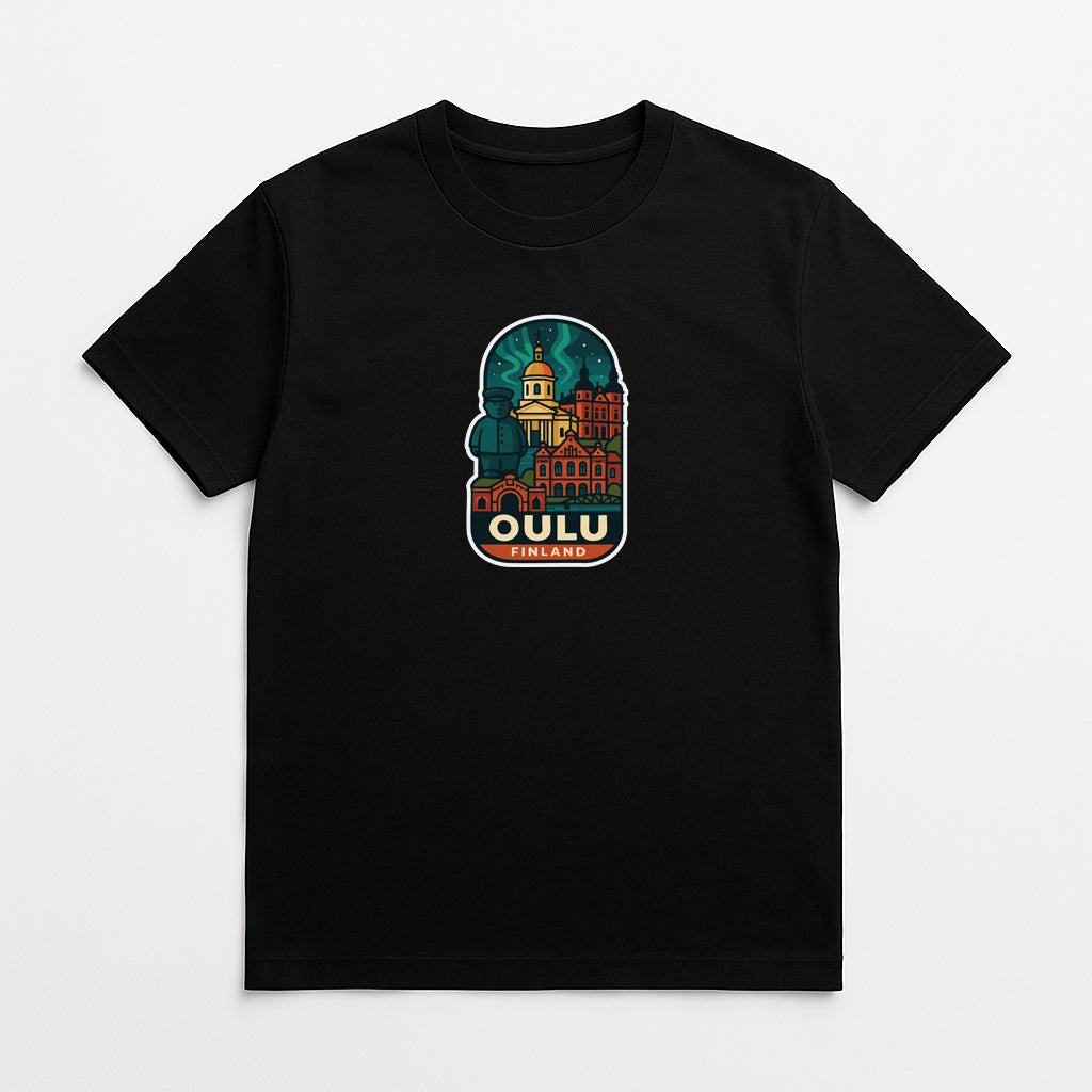A black t-shirt with a colorful graphic design depicting a city skyline, including a tall building and a dome, along with the text "OULU" prominently displayed.