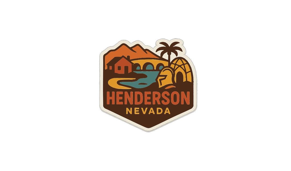 A sticker or logo depicting a scenic landscape with mountains, a palm tree, and a river, along with the text "HENDRSON NEVADA" prominently displayed.