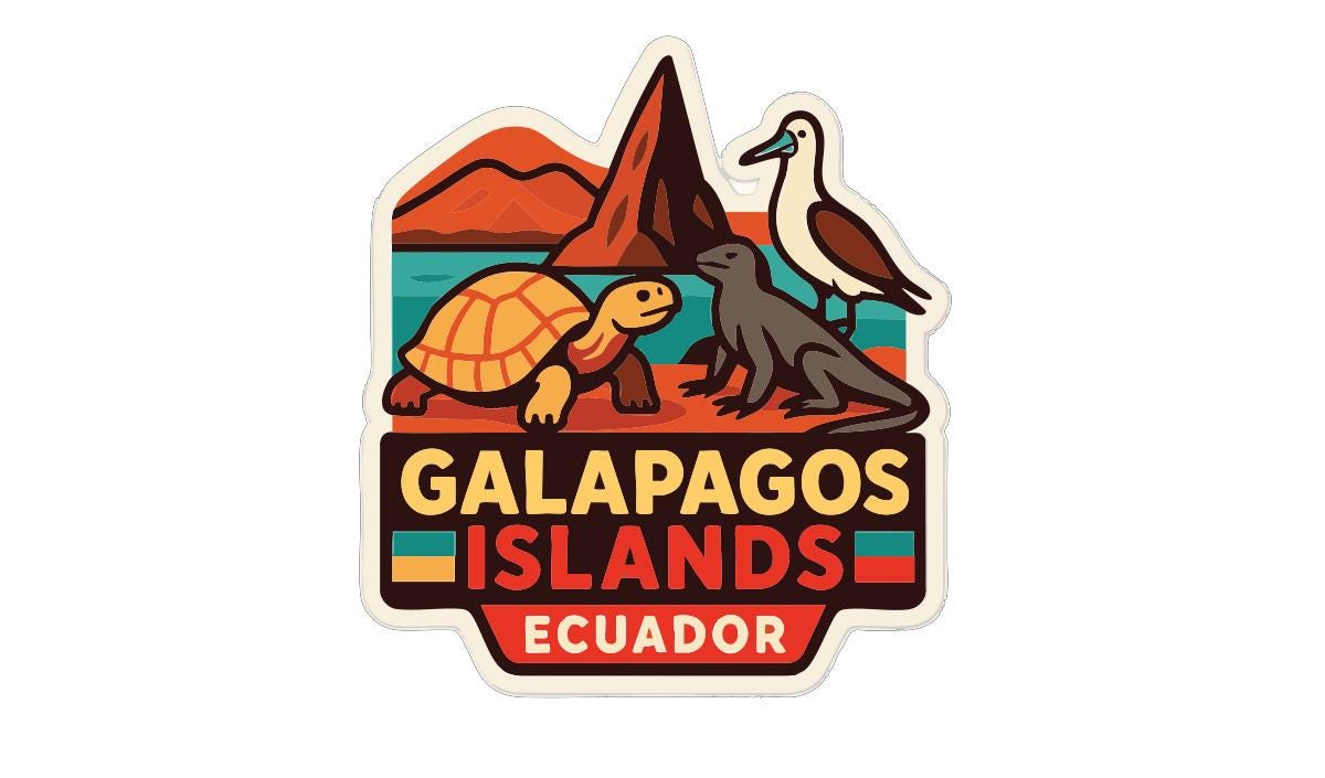 a colorful sticker or emblem with various animals, including a turtle, a bird, and a lizard, set against a tropical landscape with mountains and a body of water.