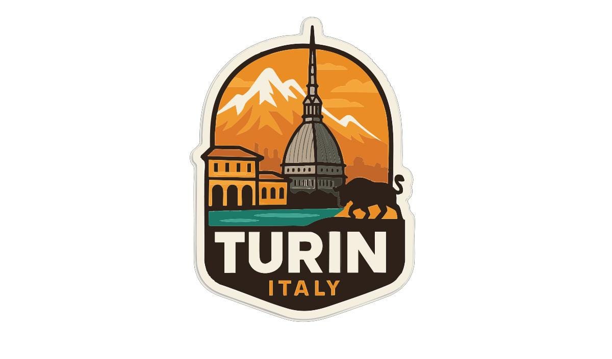 a sticker or emblem with a stylized illustration of a cityscape, including a tall building, mountains, and a lion. The text "TURIN ITALY" is prominently displayed in the center of the image.
