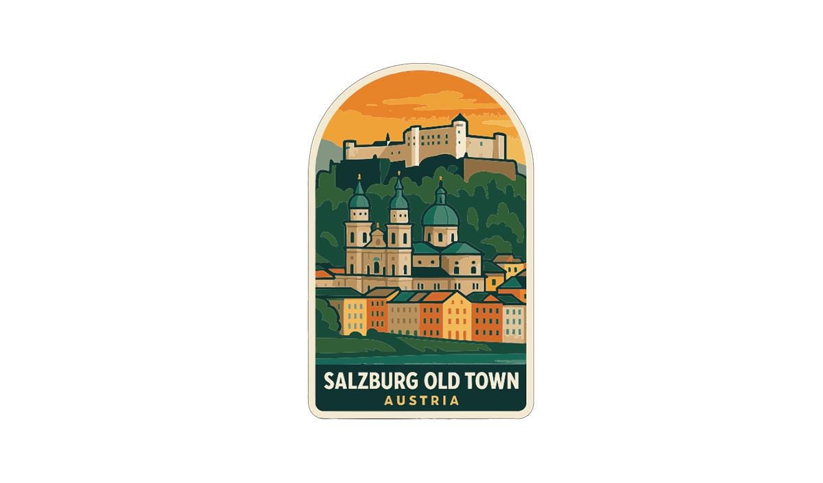 A sticker depicting the Salzburg Old Town in Austria, featuring a castle on a hill and colorful buildings in the foreground.
