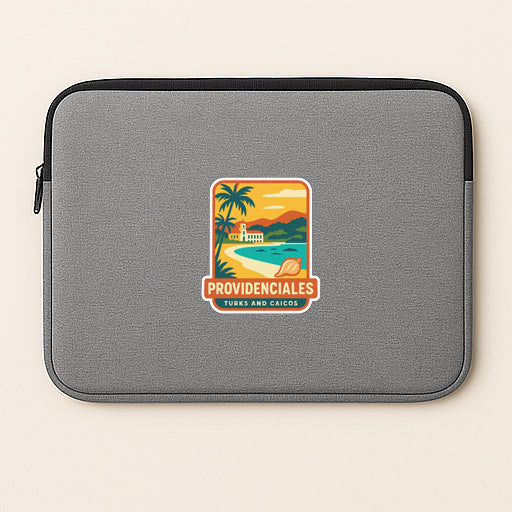 A gray laptop sleeve with a colorful logo depicting a tropical beach scene and the text "Provincials Tuk-Tuk and Cricios".