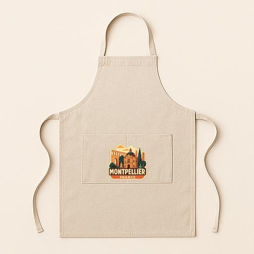 A beige apricot with a graphic of a building and the text "Montpellier" printed on it.