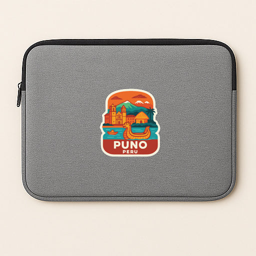 A gray laptop sleeve with a colorful sticker depicting a scenic view of PUNO, Peru.