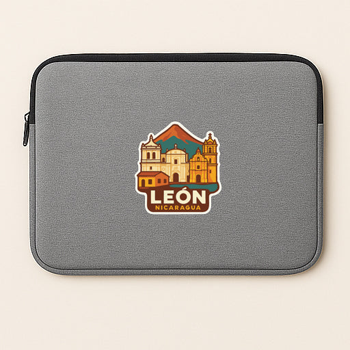 A gray laptop sleeve with a colorful sticker of the city of Leon, Nicaragua.