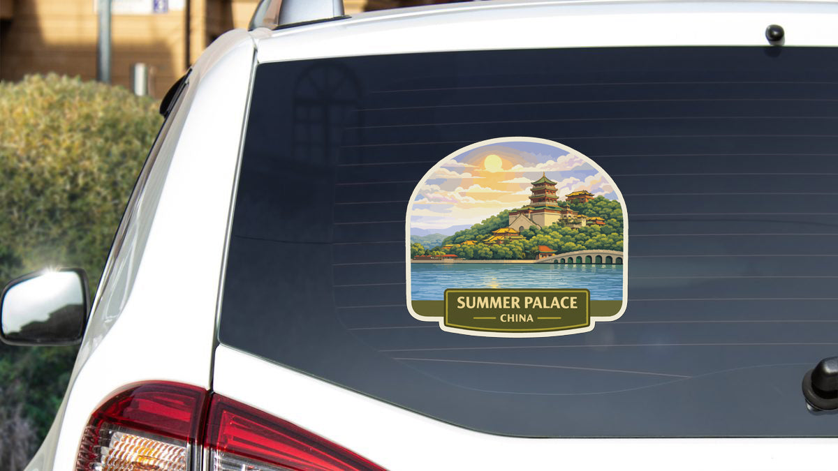 a sticker on the rear window of a car that depicts the Summer Palace in China.