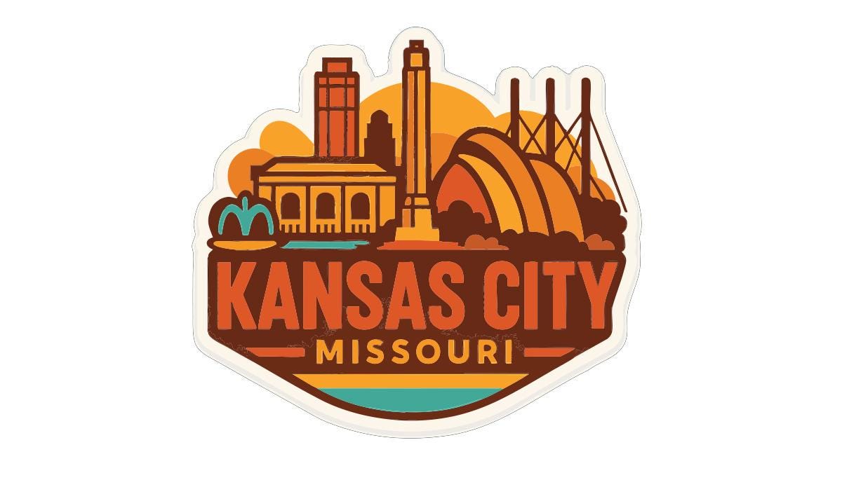 A sticker or emblem featuring the skyline and landmarks of Kansas City, Missouri.