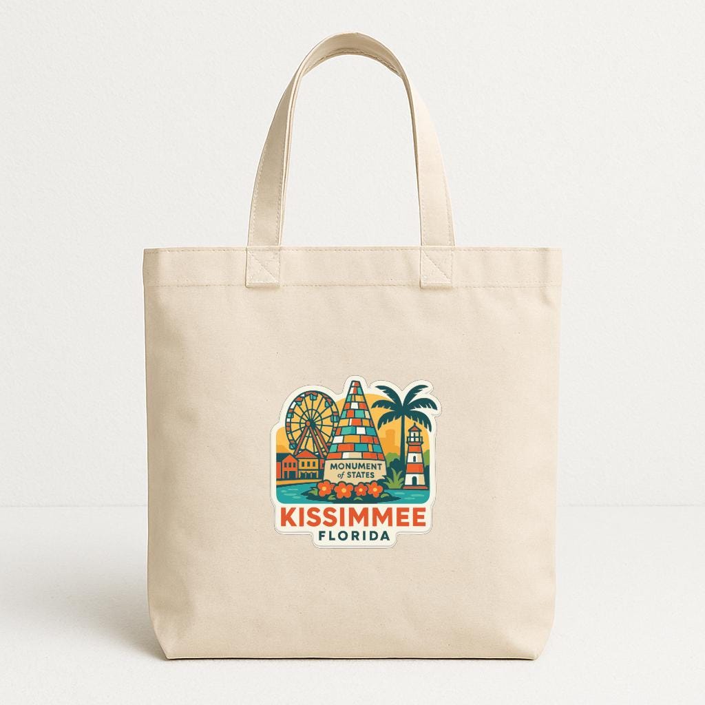 A beige tote bag with a colorful graphic depicting a ferris wheel, palm tree, and monument, along with the text "KISSIMMEE FLORIDA".