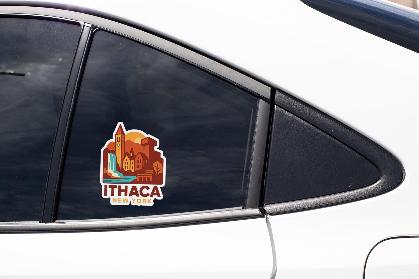 A sticker on the side of a car window, depicting a cityscape with a waterfall and the text "Ithaca New York".