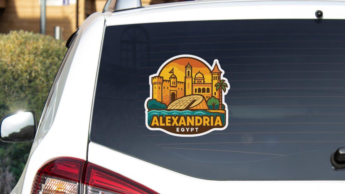A sticker on the rear window of a car that says "ALEXANDRIA EGYPT".