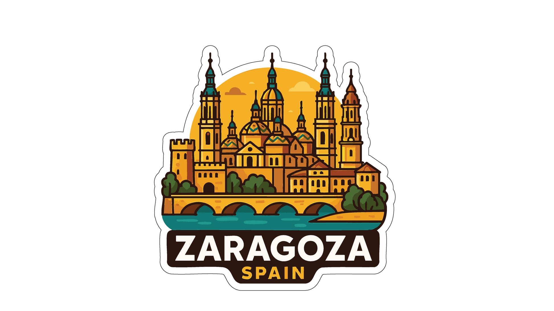 A sticker depicting the city of Zaragoza, Spain, with its distinctive architecture and landmarks.
