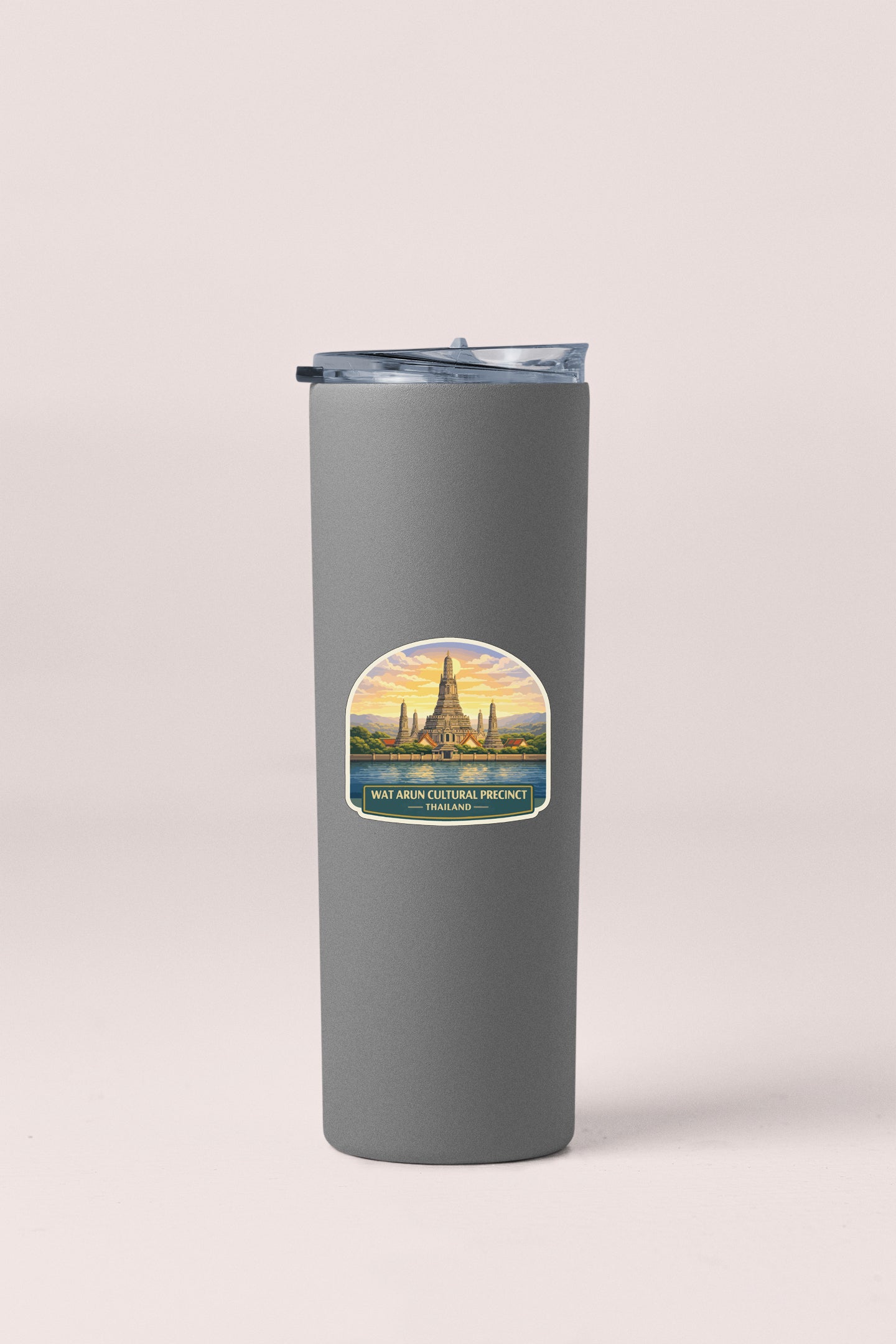 A gray insulated tumbler with a label featuring an illustration of a temple and the text "WAT ARTHUR CULTURAL PRINCIP'S"