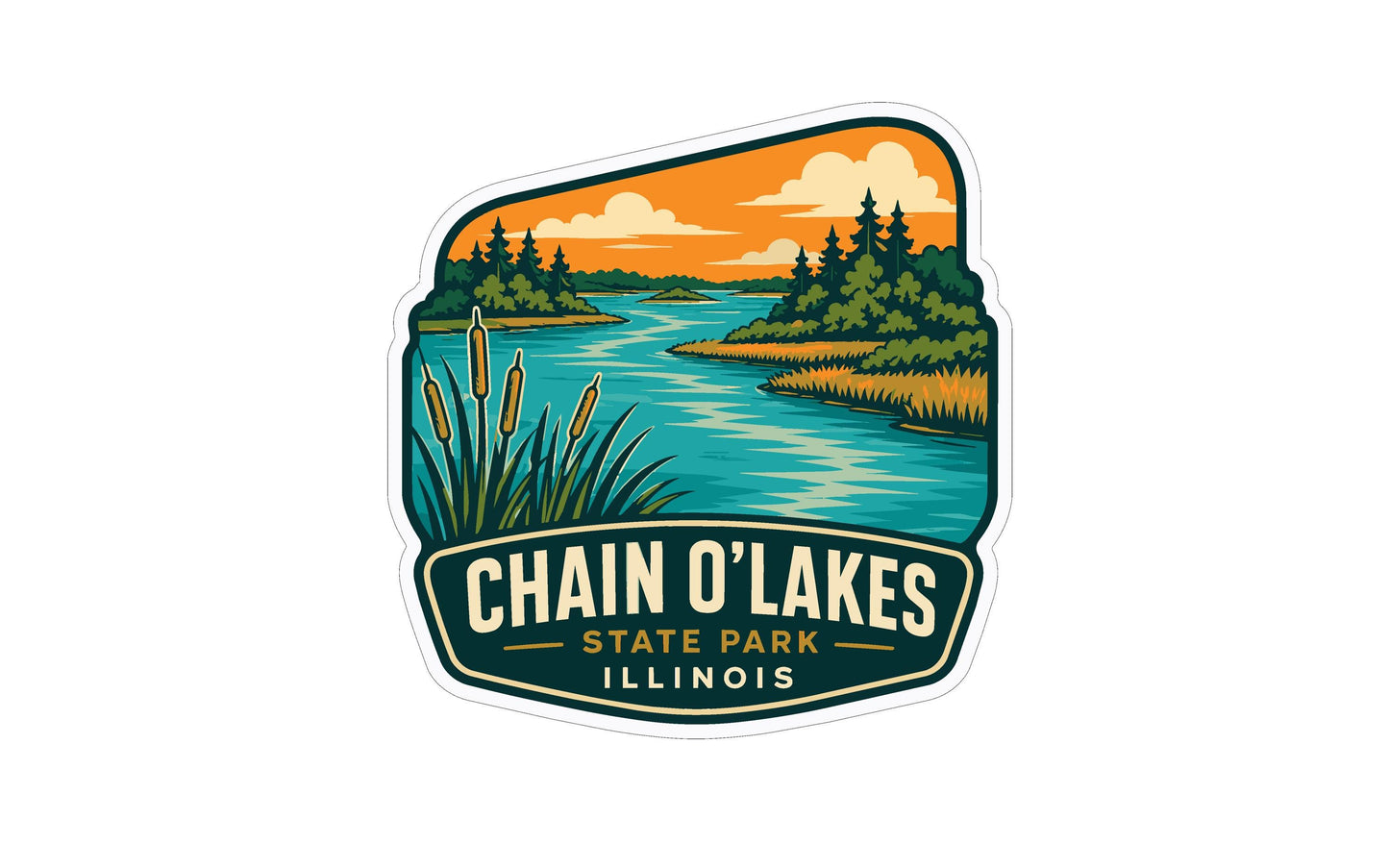 A logo for Chain O'Lakes State Park in Illinois, featuring a scenic landscape with a river, trees, and a sunset sky.