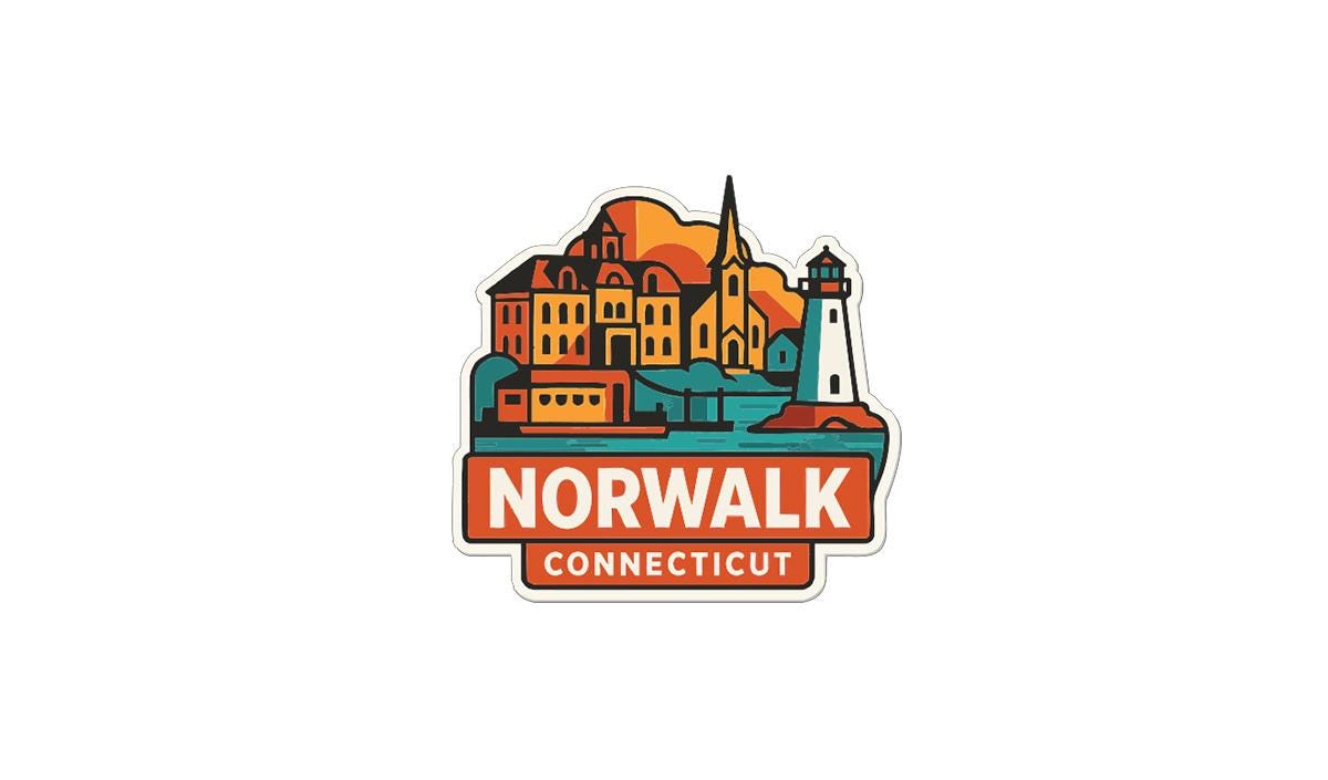 a colorful illustration of a cityscape with a lighthouse, representing the town of Norwalk, Connecticut.