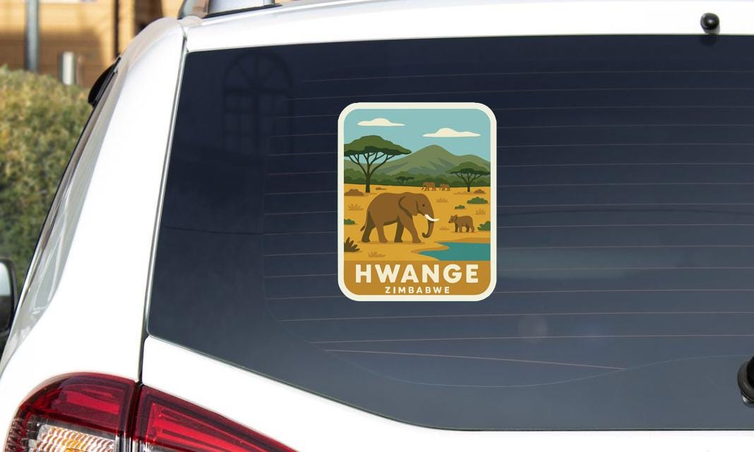 A sticker on the rear window of a car depicting an elephant and the text "HWANGE ZIMBABWE".