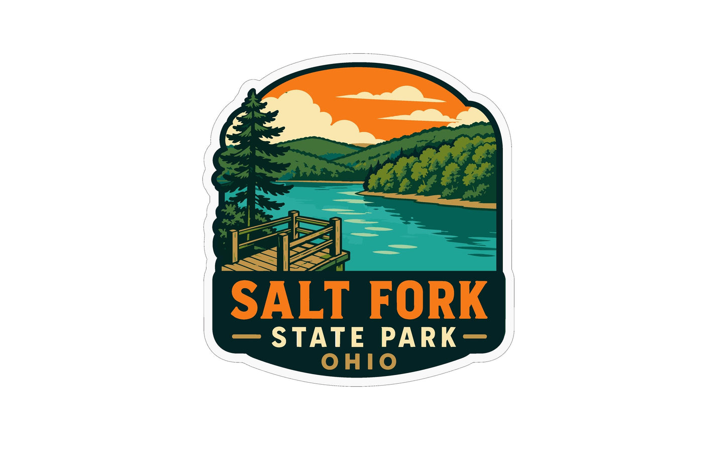 A sticker or emblem featuring a scenic landscape with a lake, mountains, and a wooden dock, along with the text "Salt Fork State Park, Ohio".