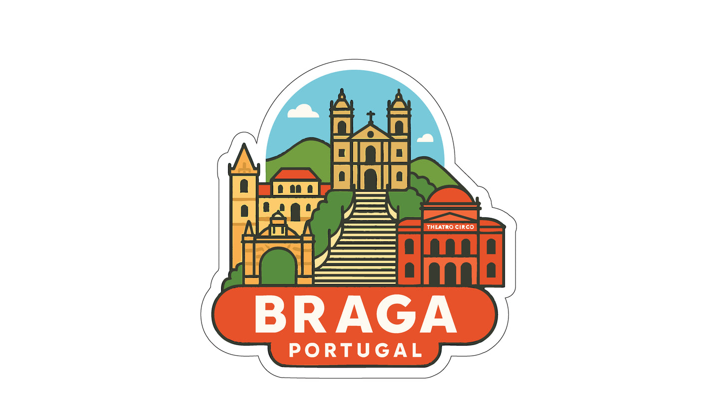 a sticker or illustration of the city of Braga, Portugal, showcasing various landmarks and buildings.