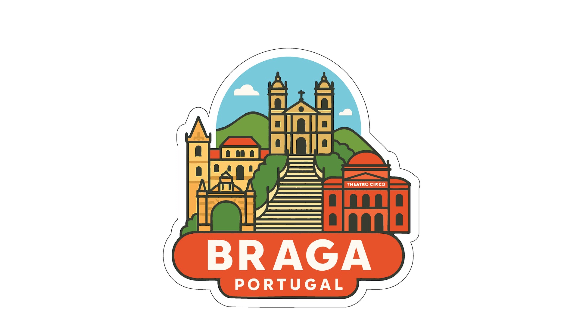 a sticker or illustration of the city of Braga, Portugal, showcasing various landmarks and buildings.