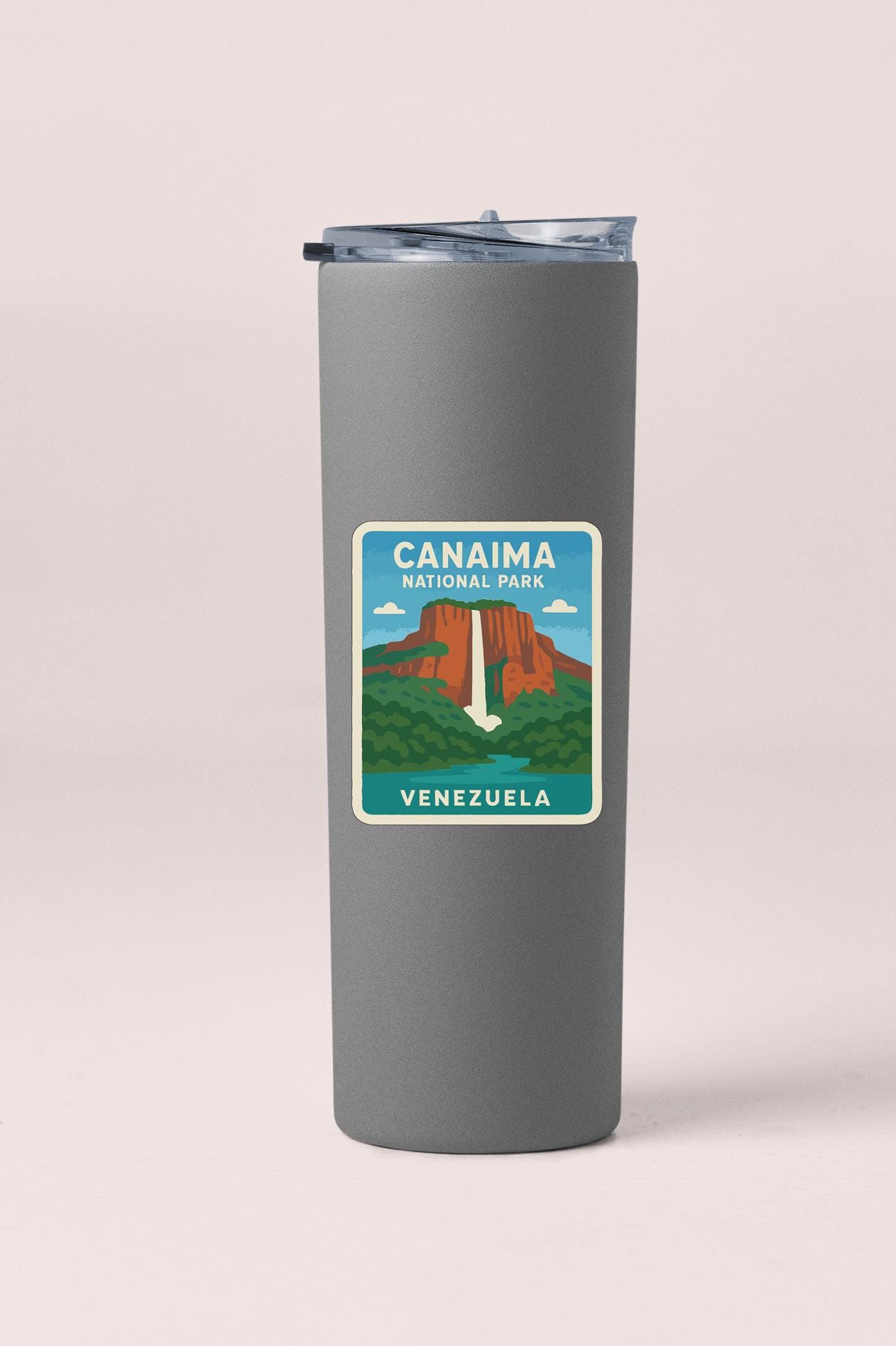 A gray insulated tumbler with a label that says "CANAIMA NATIONAL PARK VENEZUELA".