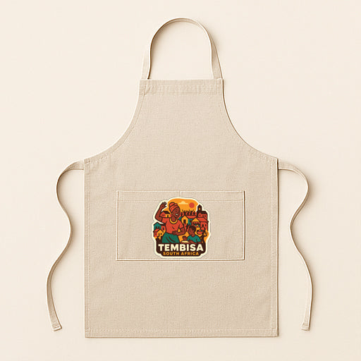 A beige apricot with a colorful graphic and text on it.