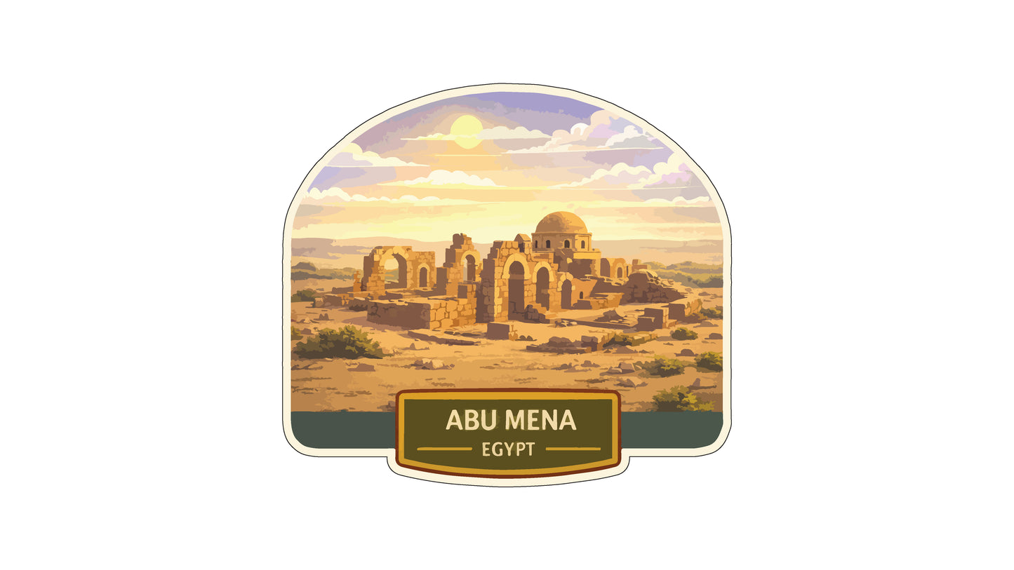 the ancient ruins of Abu Mena in Egypt, with a desert landscape and a sunset in the background.