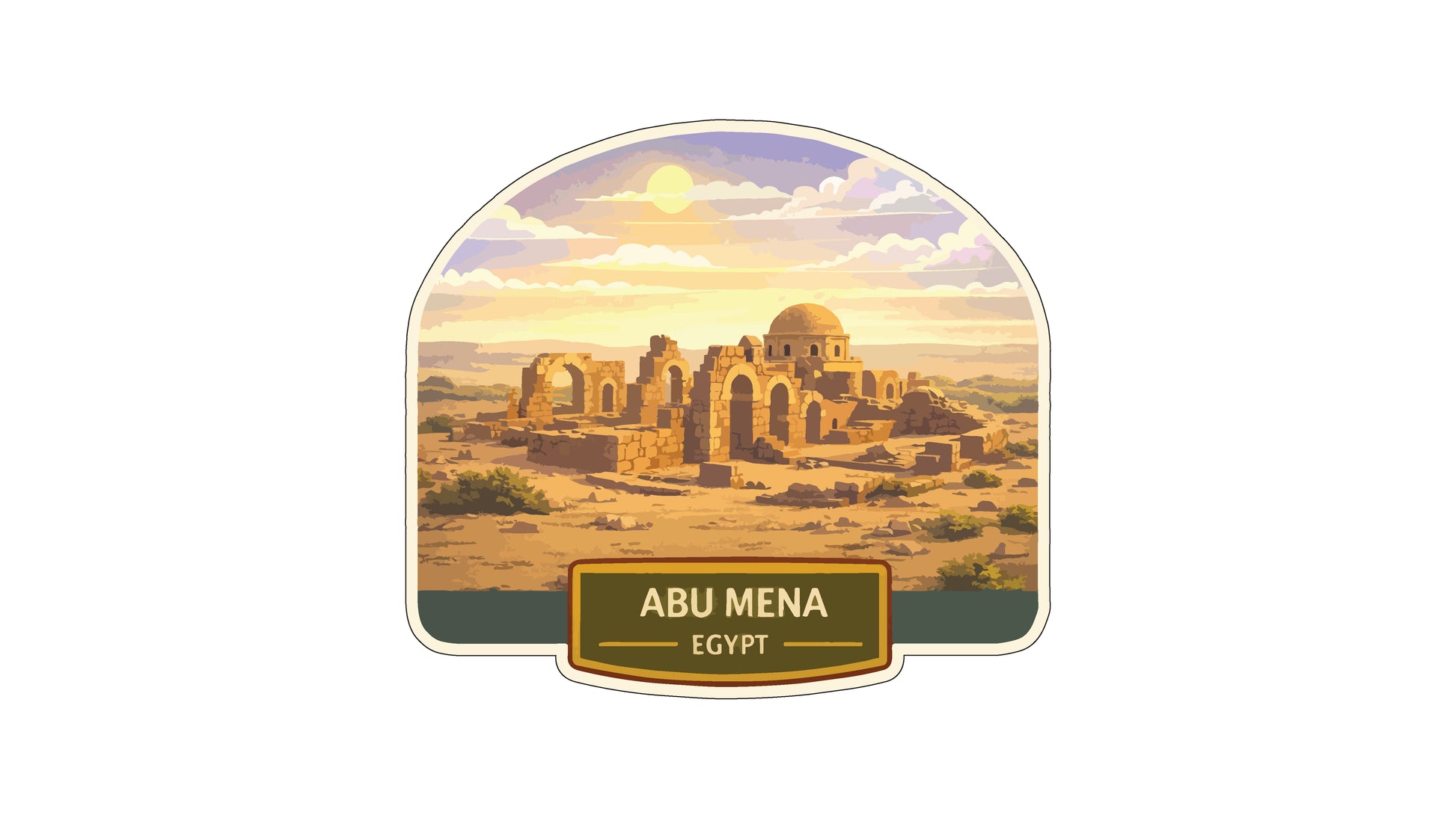 the ancient ruins of Abu Mena in Egypt, with a desert landscape and a sunset in the background.
