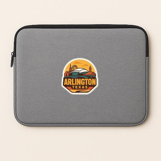 A gray laptop sleeve with a circular logo that says "ARLINGTON TEXAS".