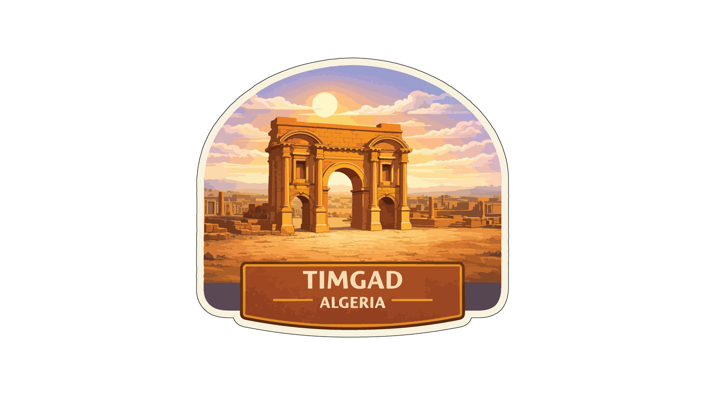 a large archway with a sunset in the background, and the text "TIMGAD ALGERIA" is displayed below the archway.