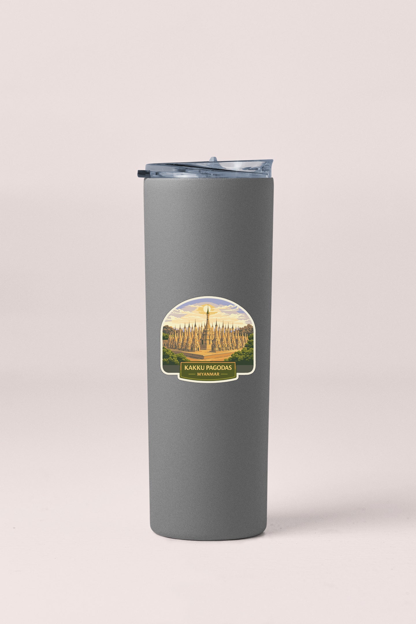 A gray tumbler with a label that says "Kakhi Pagoodas, Myanmar"
