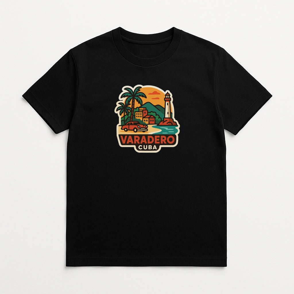 A black t-shirt with a colorful graphic depicting a tropical scene with palm trees, a lighthouse, and a car, along with the text "VARADERO CUBA".