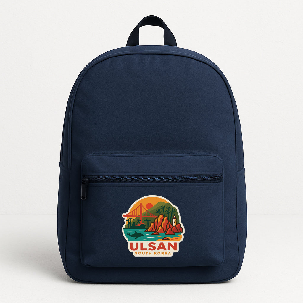 A navy blue backpack with a graphic of a scenic landscape and the text "ULSAN SOUTH NORTH" printed on it.