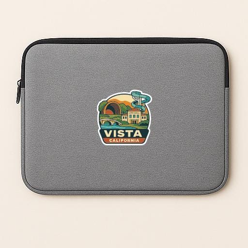 A gray laptop sleeve with a sticker depicting a scenic view of Vista, California.