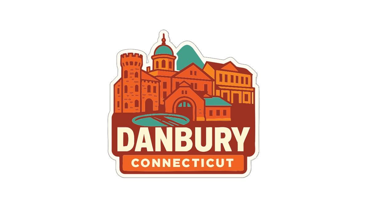 a stylized illustration of a cityscape with buildings and a dome, representing the town of Danbury, Connecticut.