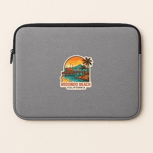 A gray laptop sleeve with a sticker depicting a beach scene and the text "REDONDO BEACH CALIFORNIA".