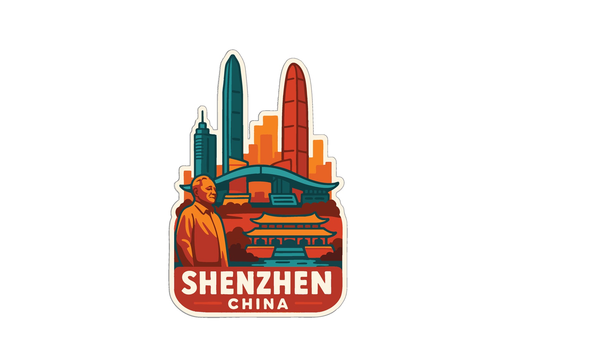 A sticker depicting the skyline of Shenzhen, China, with a man standing in the foreground and various buildings in the background.