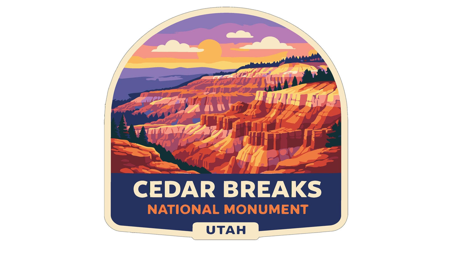 The image is a sticker or label for the national monument, CEDAR BREAKS, located in Utah.