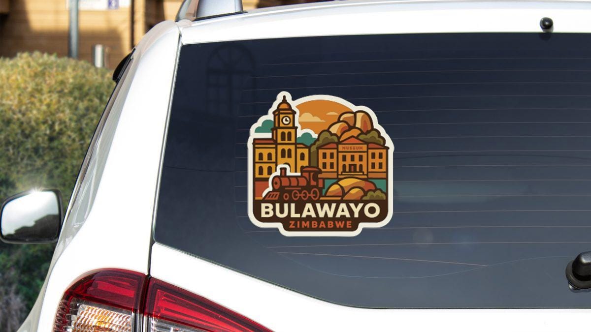 a sticker on the rear window of a car, depicting a cityscape with a clock tower and buildings.