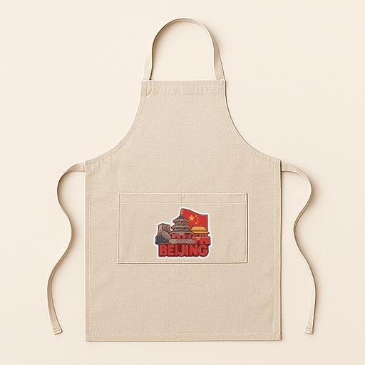 A beige apricot with a small pocket on the front, featuring an illustration of the Temple of Heaven in Beijing, China.