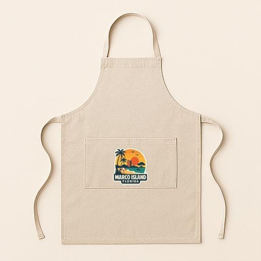 A beige apricot with a logo for Marco Island, Florida, printed on it.
