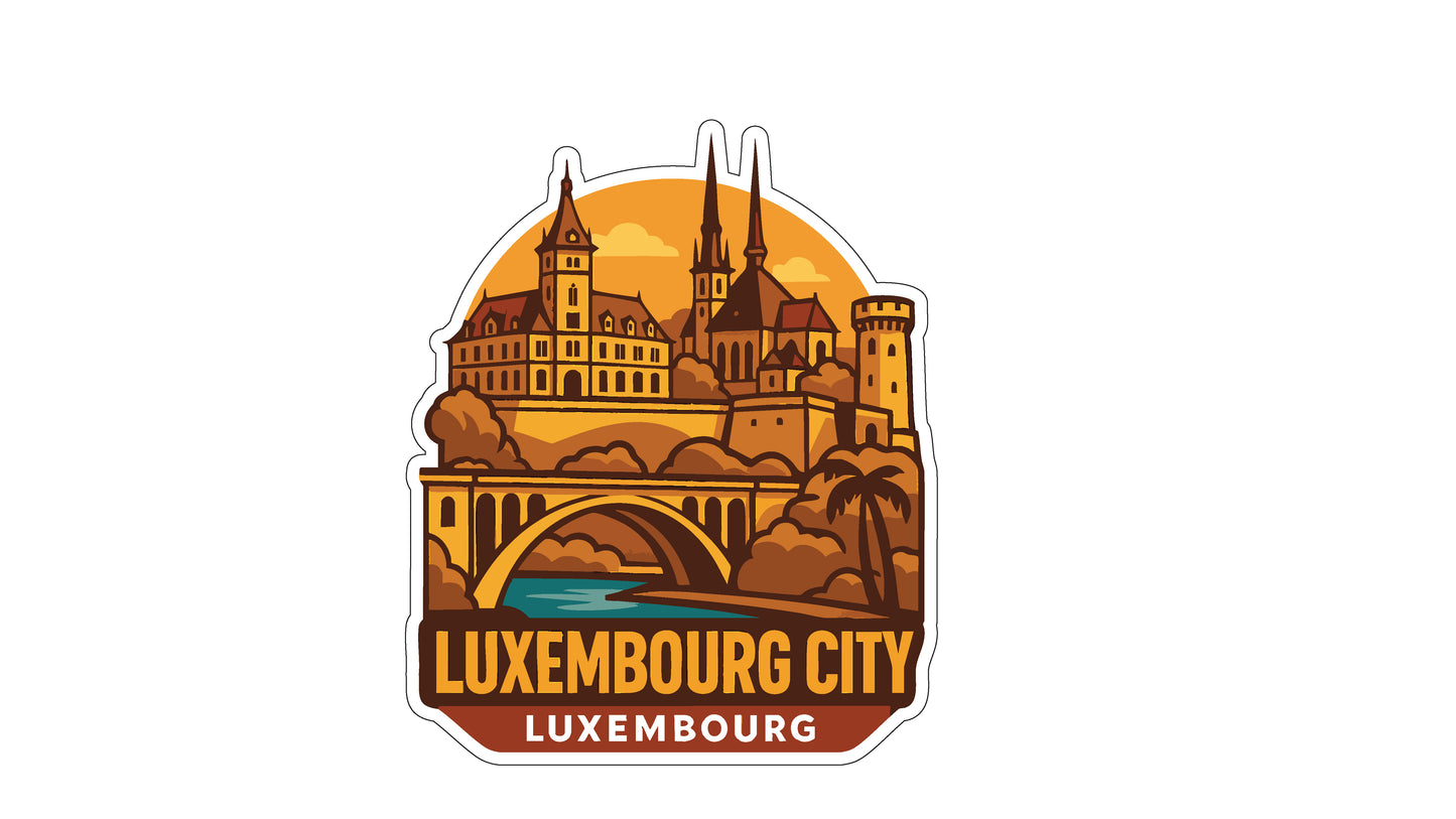 a stylized illustration of the city of Luxembourg, France, showcasing its iconic architecture and landmarks.