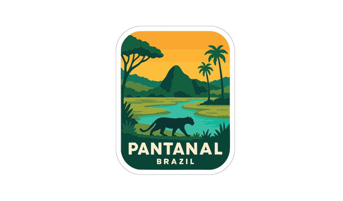 A sticker or label depicting a landscape with a river, palm trees, and a mountain in the background, with a silhouette of a panther walking in the foreground.