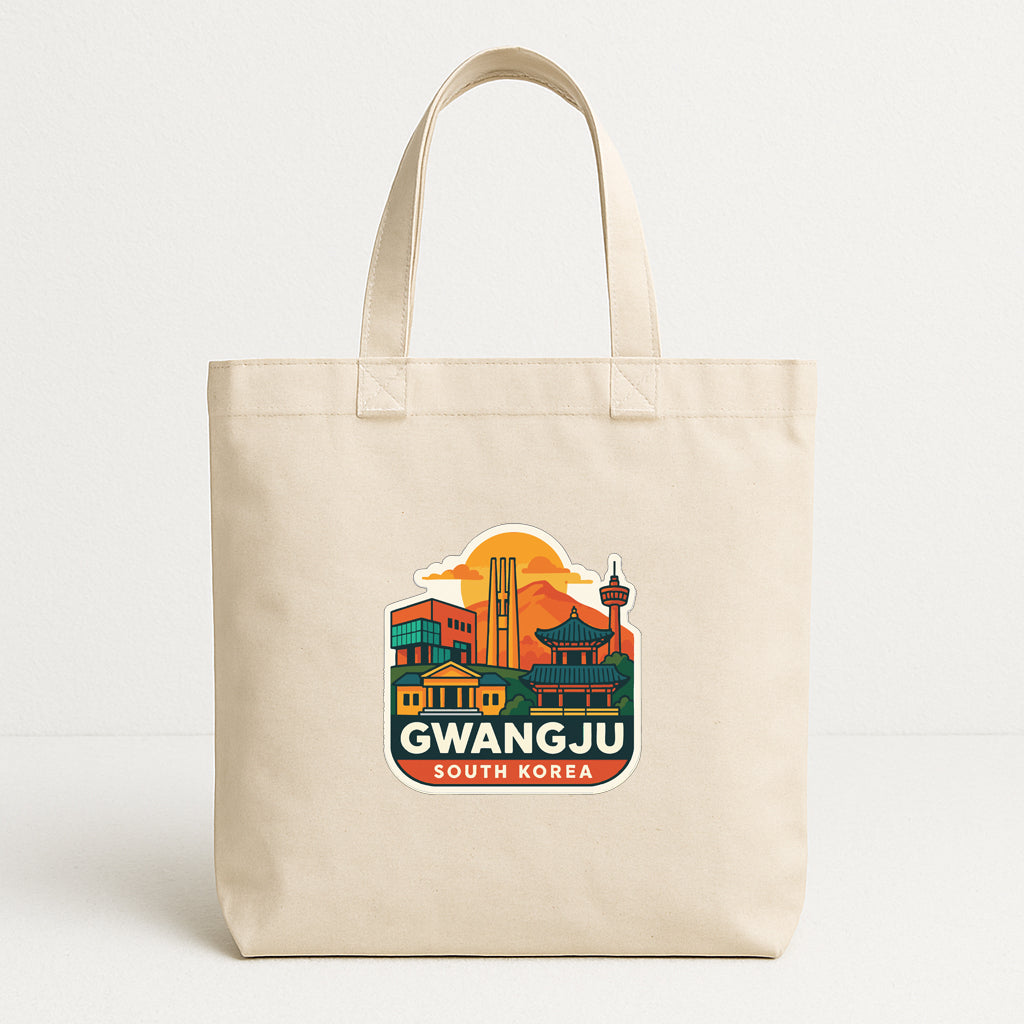 A beige tote bag with a graphic design featuring the city of Gwangju, South Korea.