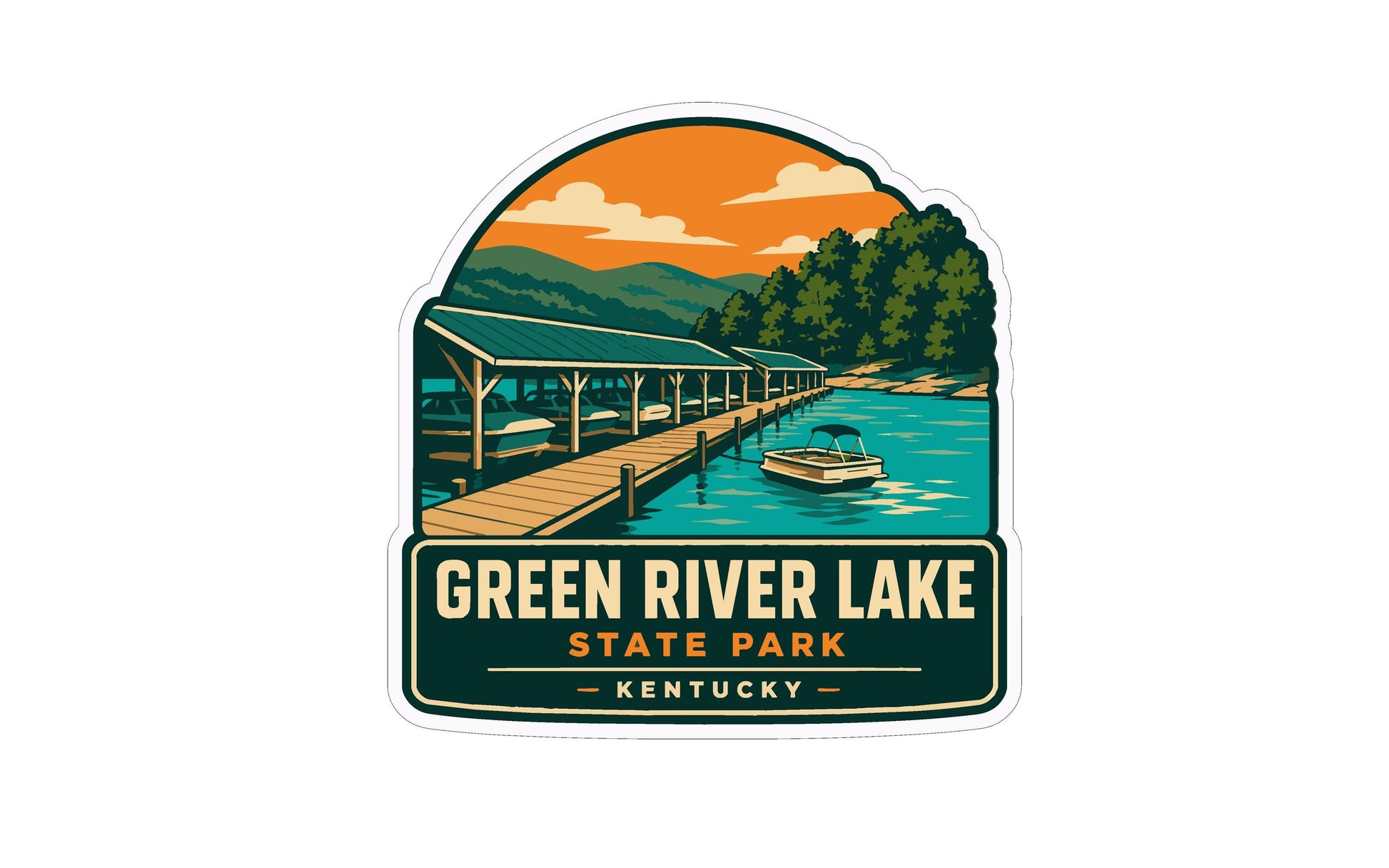 A sticker or emblem featuring a dock and a boat on the water, with mountains and trees in the background, representing the Green River Lake State Park in Kentucky.