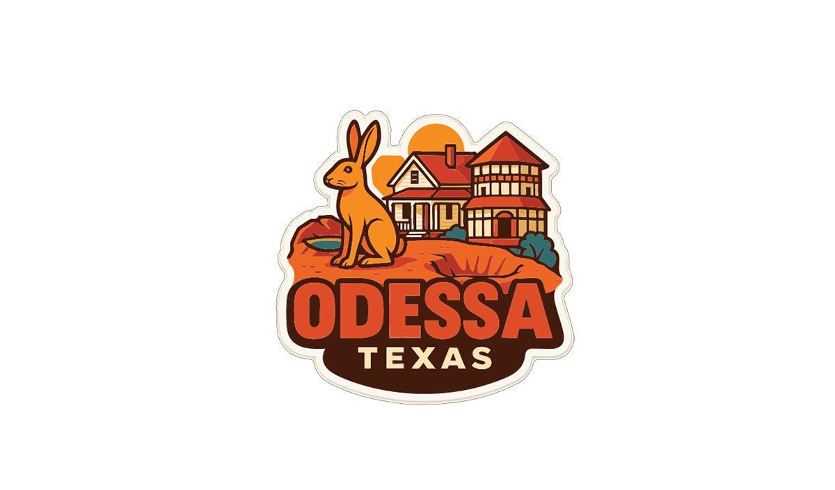 A stylized illustration of a rabbit in a desert landscape, with a house and a sunset in the background, representing the state of Texas.