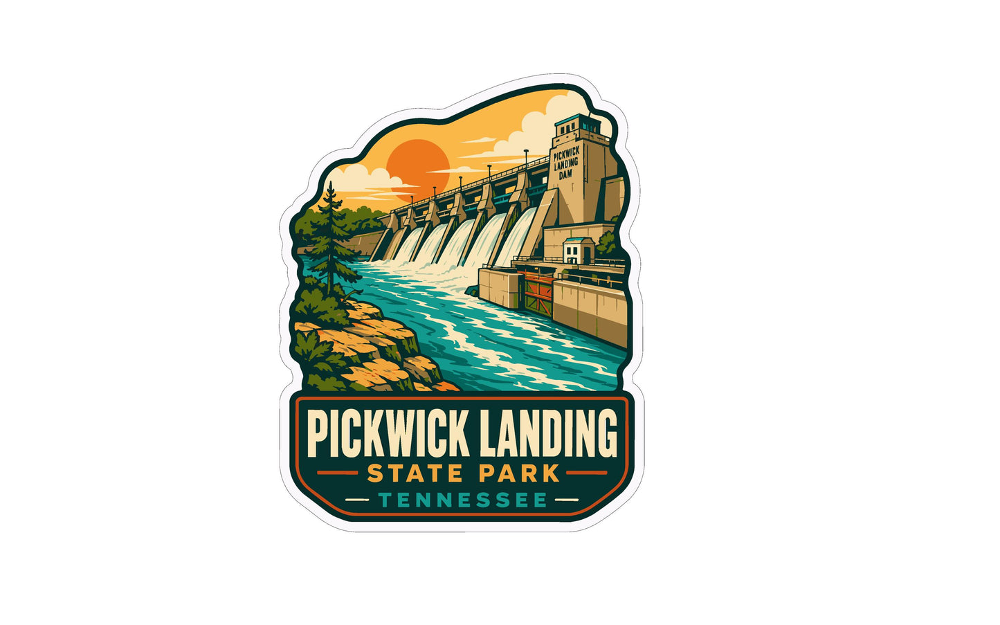 A sticker depicting a dam with a waterfall, surrounded by a scenic landscape with trees and a sunset sky.