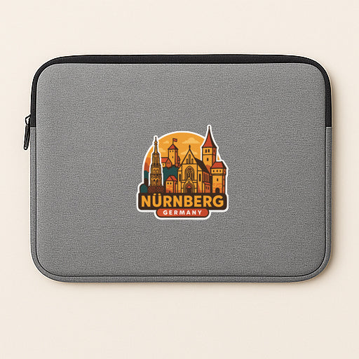 A gray laptop sleeve with a sticker of the Nurnberg skyline in the center.