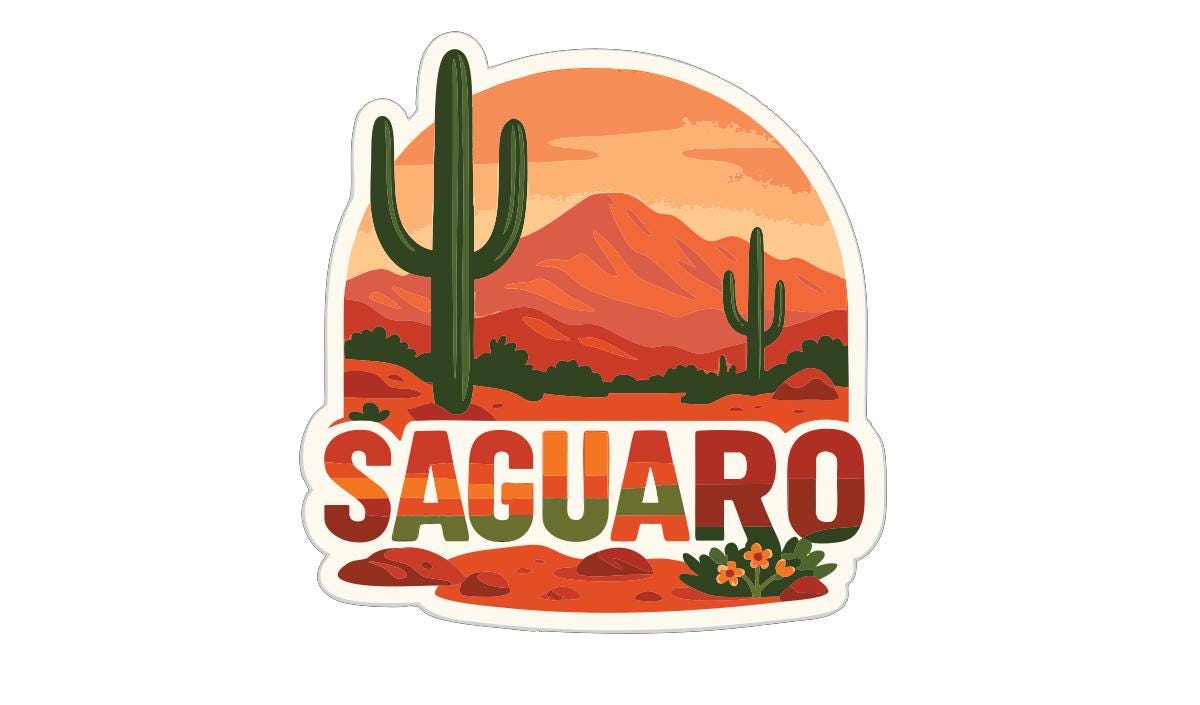 A sticker depicting a desert landscape with mountains in the background and two cacti in the foreground.